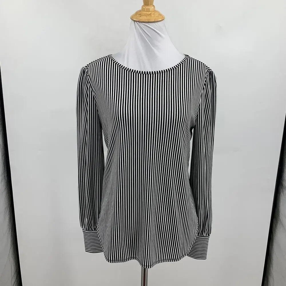 Ann Taylor Top Women XS Extra Small White Black Striped Long Sleeve Button Cuff